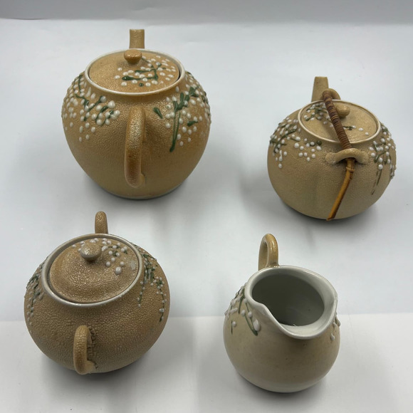 Antique Meiji Period Tea Set 4 Pieces Shark Skin Moriage Porcelain Cream Sugar - Picture 7 of 16